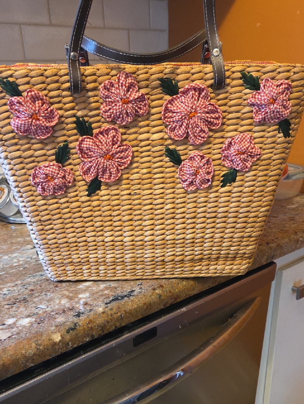 Tommy Hilfiger Straw Tote with Pink Gingham Flower Appliqués